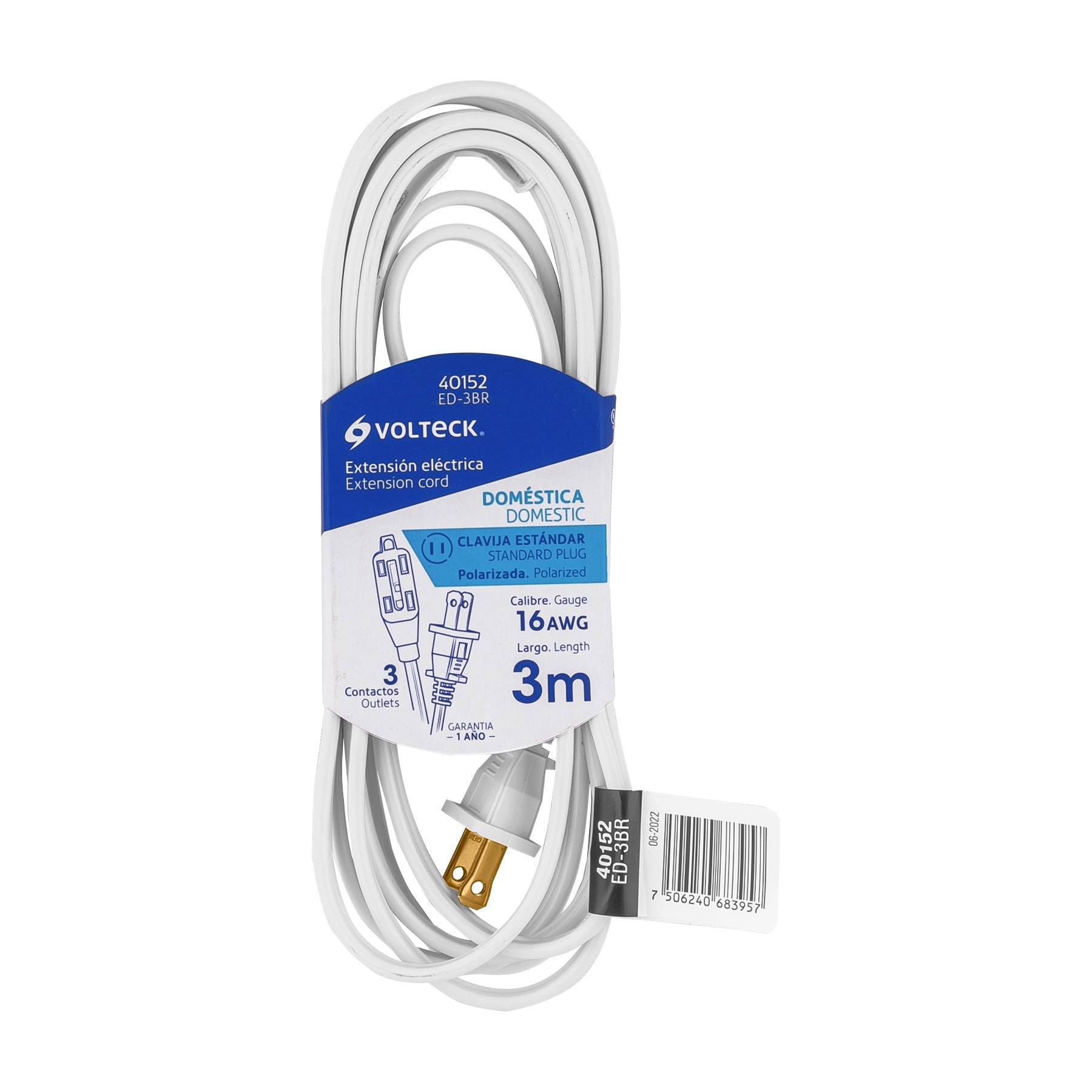 Extension electrica domestica 3 m clavija recta, blanca