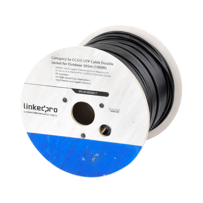 LINKEDPRO BY EPCOM - Bobina de Cable de 305 Metros (1000 Pies) Cat5e, Aleación de Cobre y Aluminio (CCA), Color Negro, Uso Intemperie, Doble Forro