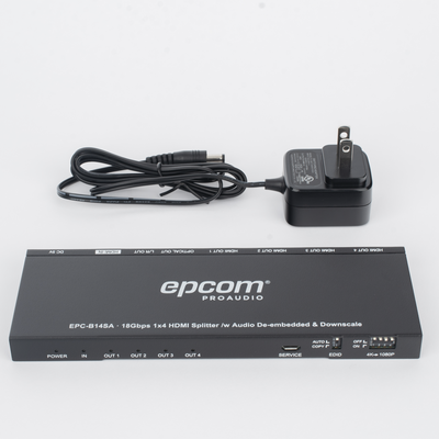 EPCOM PROAUDIO - Splitter HDMI 1x4 | 1 Entrada a 4 salidas (Simultaneas) | 4K@60Hz | Extractor de Audio | Down Scaler | HDR  4:4:4 | EDID | 18Gbps