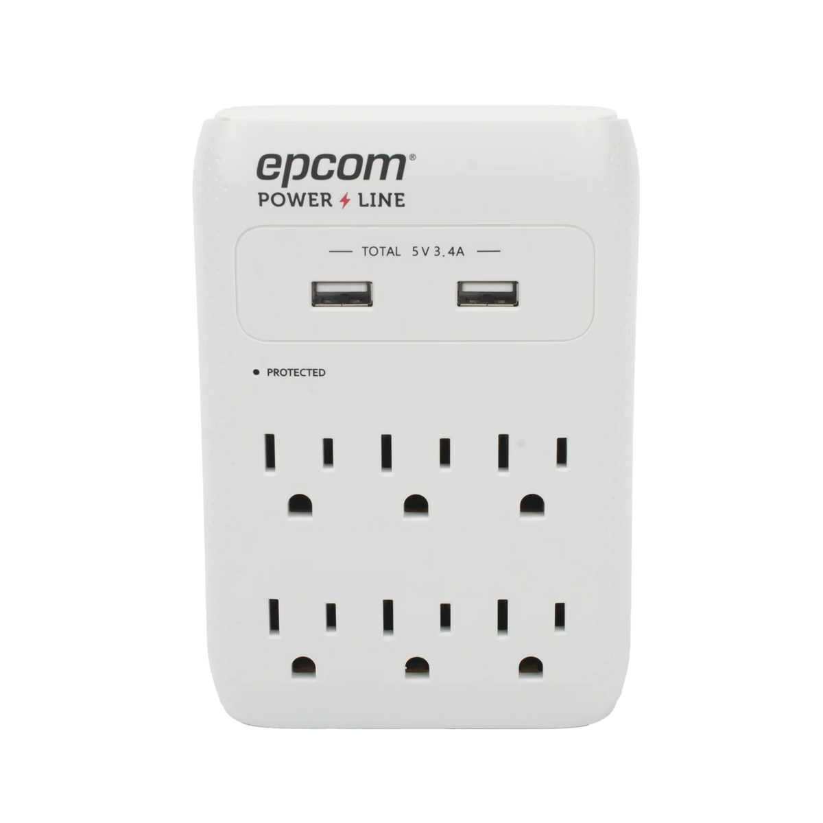 EPCOM POWERLINE - Multicontacto Supresor de Picos para Pared / 6 Salidas / 2 Puertos USB-A (5 V / 3.4 A) / Supresión de Picos 1080 J / 1800 W / 120 Vca / 15 A / Filtro EMI-RFI 40 dB / Certificación ETL