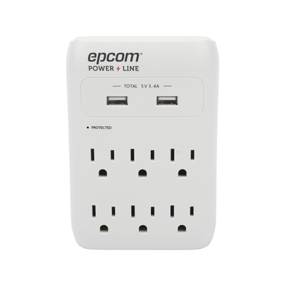 EPCOM POWERLINE - Multicontacto de Pared 110 Vca / Supresor de Picos 1080 Joules / 6 x Nema 5-15P / 2 x USB (5V @3.4A)