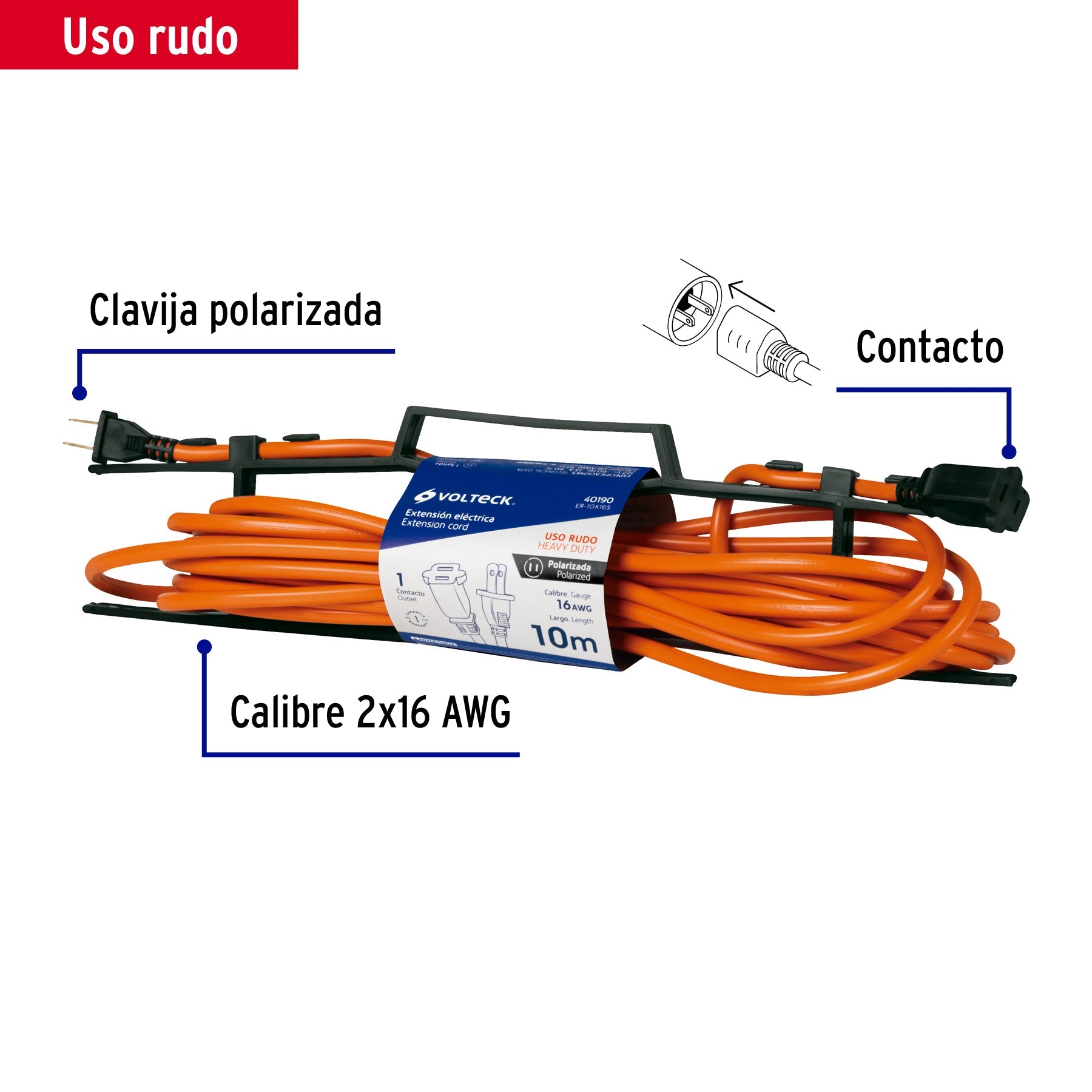 Extension electrica uso rudo 10 m 2x16 AWG para 1 clavija