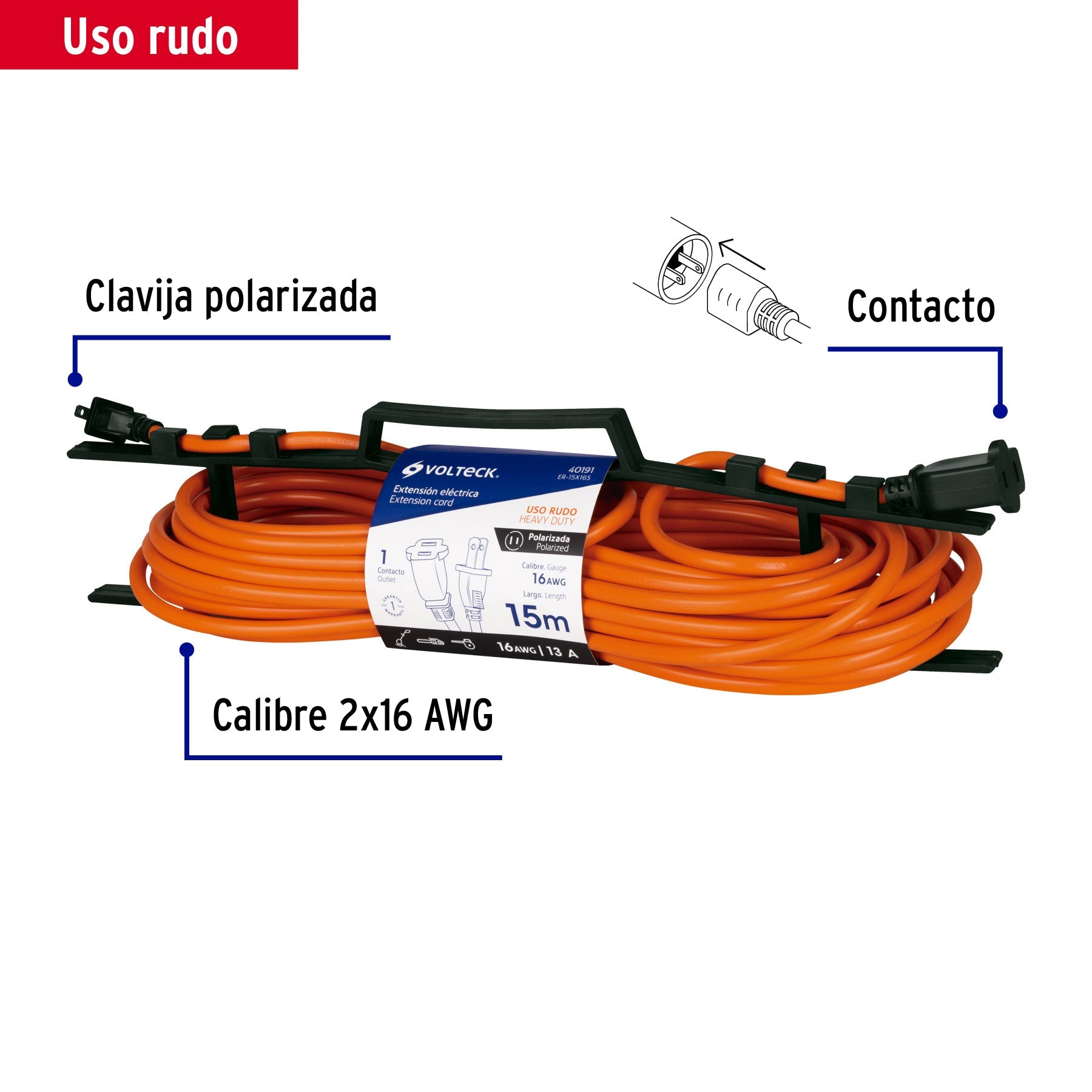 Extension electrica uso rudo 15 m 2x16 AWG para 1 clavija