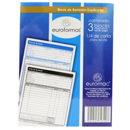 EUROFORMAS - Block Euroformas Remisión Duplicado 1/4 Carta C/25 Juegos 3 Blocks