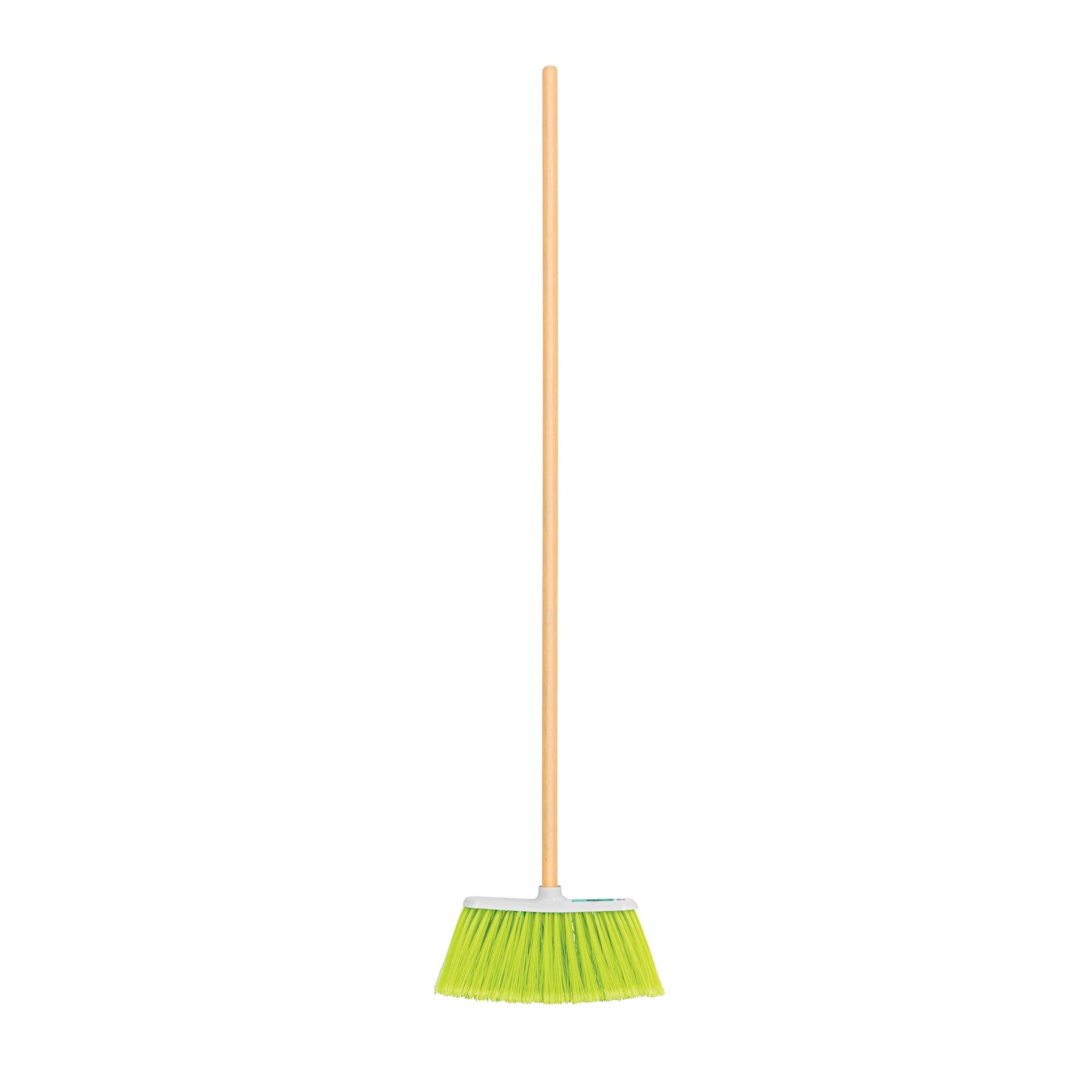 Escoba mediana tipo cepillo, cerdas de PVC, baston de madera