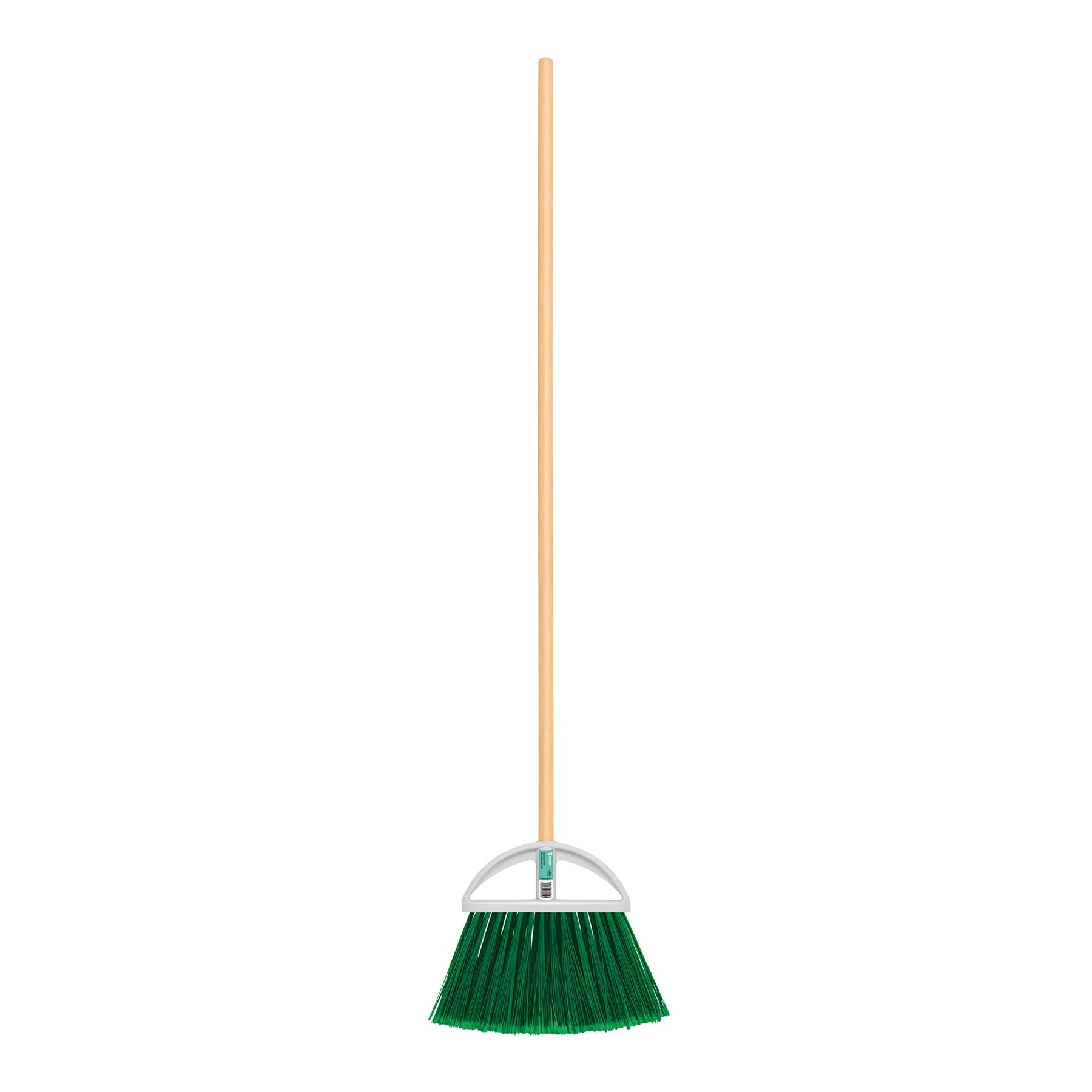 Escoba grande tipo abanico, cerdas de PVC, baston de madera
