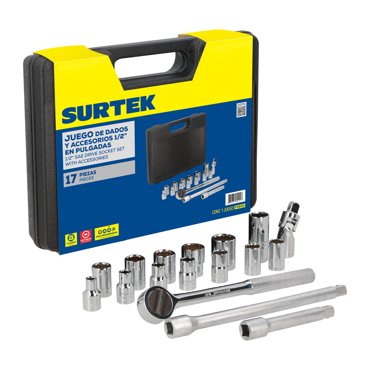 Surtek - Juego de 17 dados y accesorios en pulgadas 1/2 in
