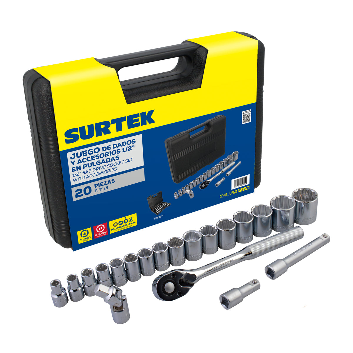 Surtek - Juego de 20 dados y accesorios en pulgadas 1/2 in