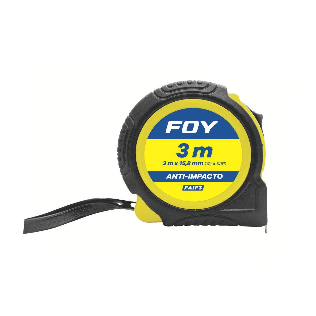 Foy - Flexómetro con carcasa anti-impacto cinta color negro, 3 m x 16 mm