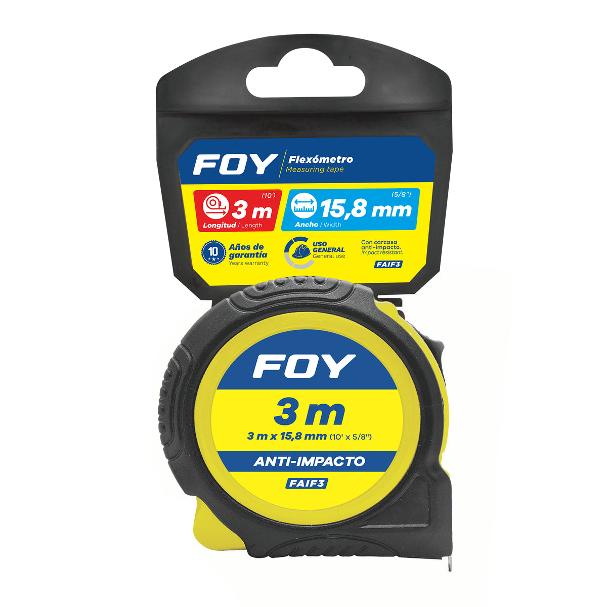 Foy - Flexómetro con carcasa anti-impacto cinta color negro, 3 m x 16 mm