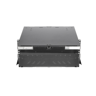 PANDUIT - Panel de Distribución de Fibra Óptica, Acepta 12 Placas FAP o FMP, Bandeja Deslizable e Inclinable Hacia Abajo, Hasta 288 Fibras, Color Negro, 4UR