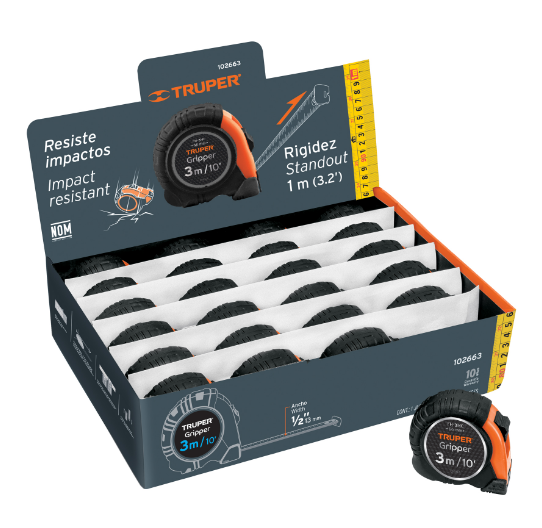 Flexometro Gripper 3 m cinta 13 mm display box con 24 piezas