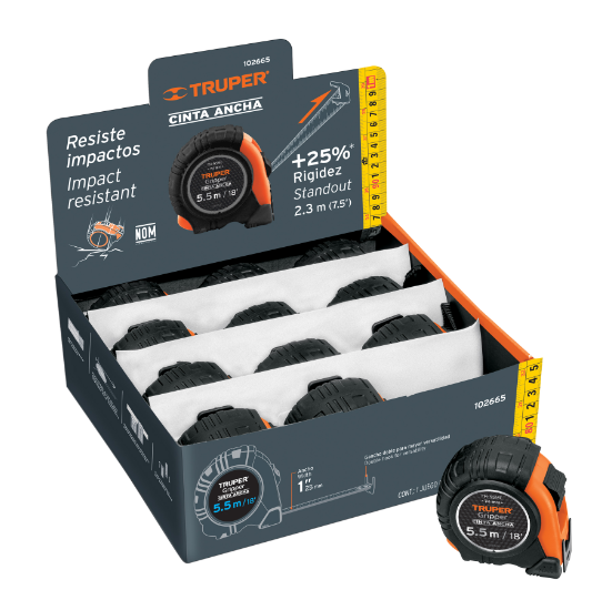 Flexometro Gripper 5.5m cinta 25mm display box con 12 piezas