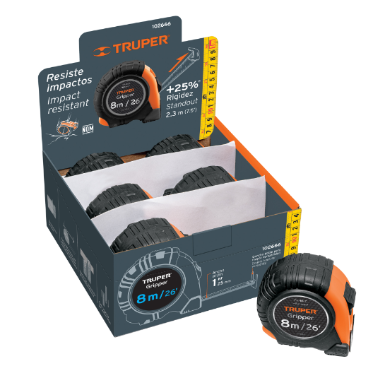 Flexometro Gripper 8 m cinta 25 mm display box con 6 piezas