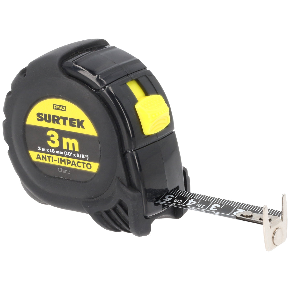 Surtek - Flexómetro con carcasa anti-impacto cinta color negro, 3 m x 16 mm