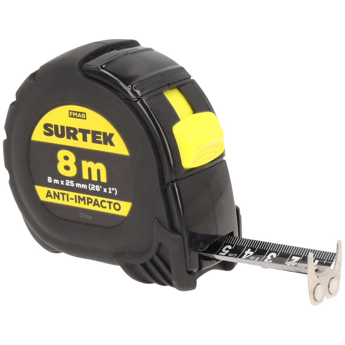 Surtek - Flexómetro con carcasa anti-impacto cinta color negro, 8 m x 25 mm