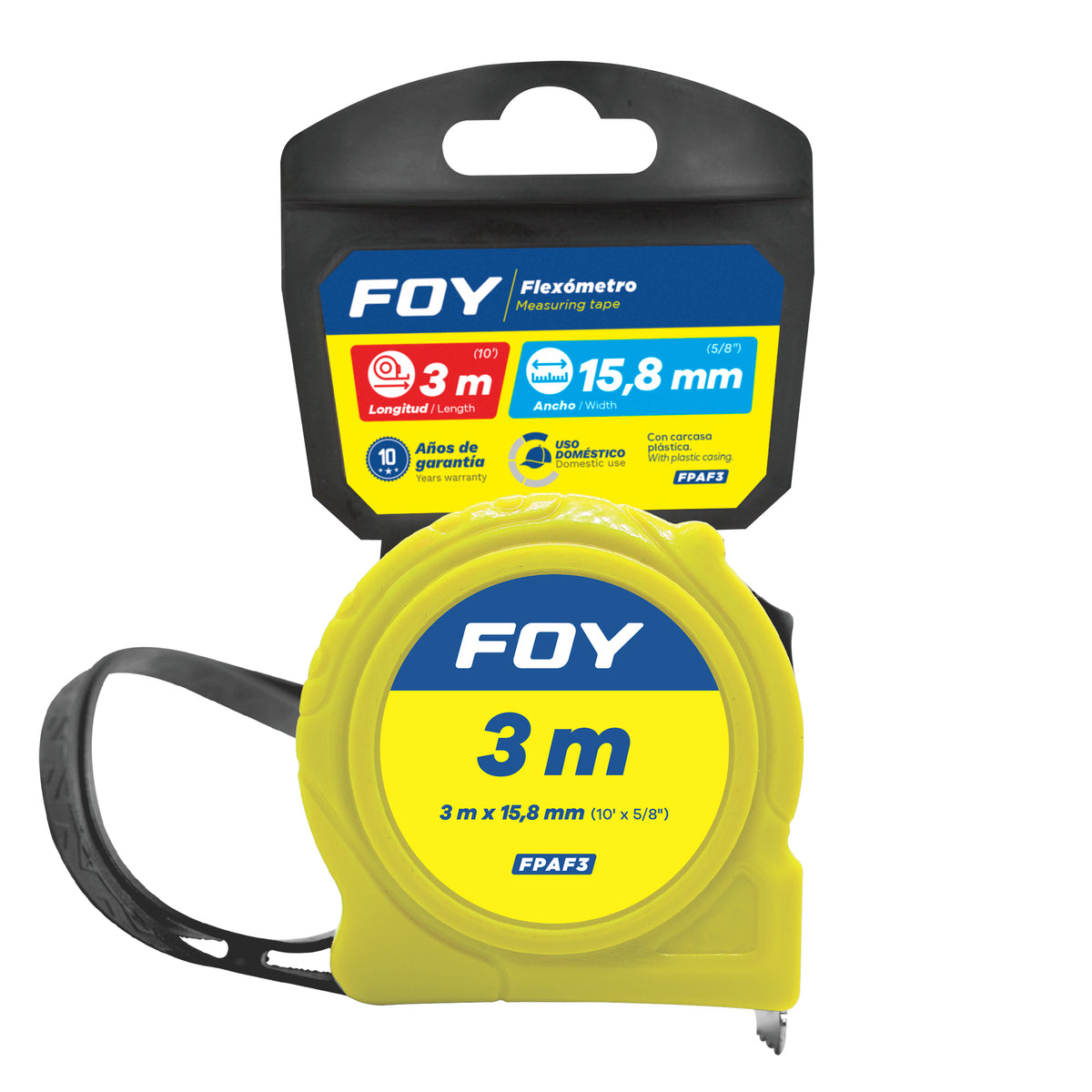 Foy - Flexómetro con carcasa de plástico amarillo, 3 m x 16 mm