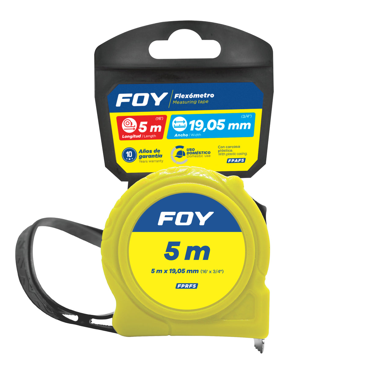 Foy - Flexómetro con carcasa de plástico amarillo, 5 m x 19 mm