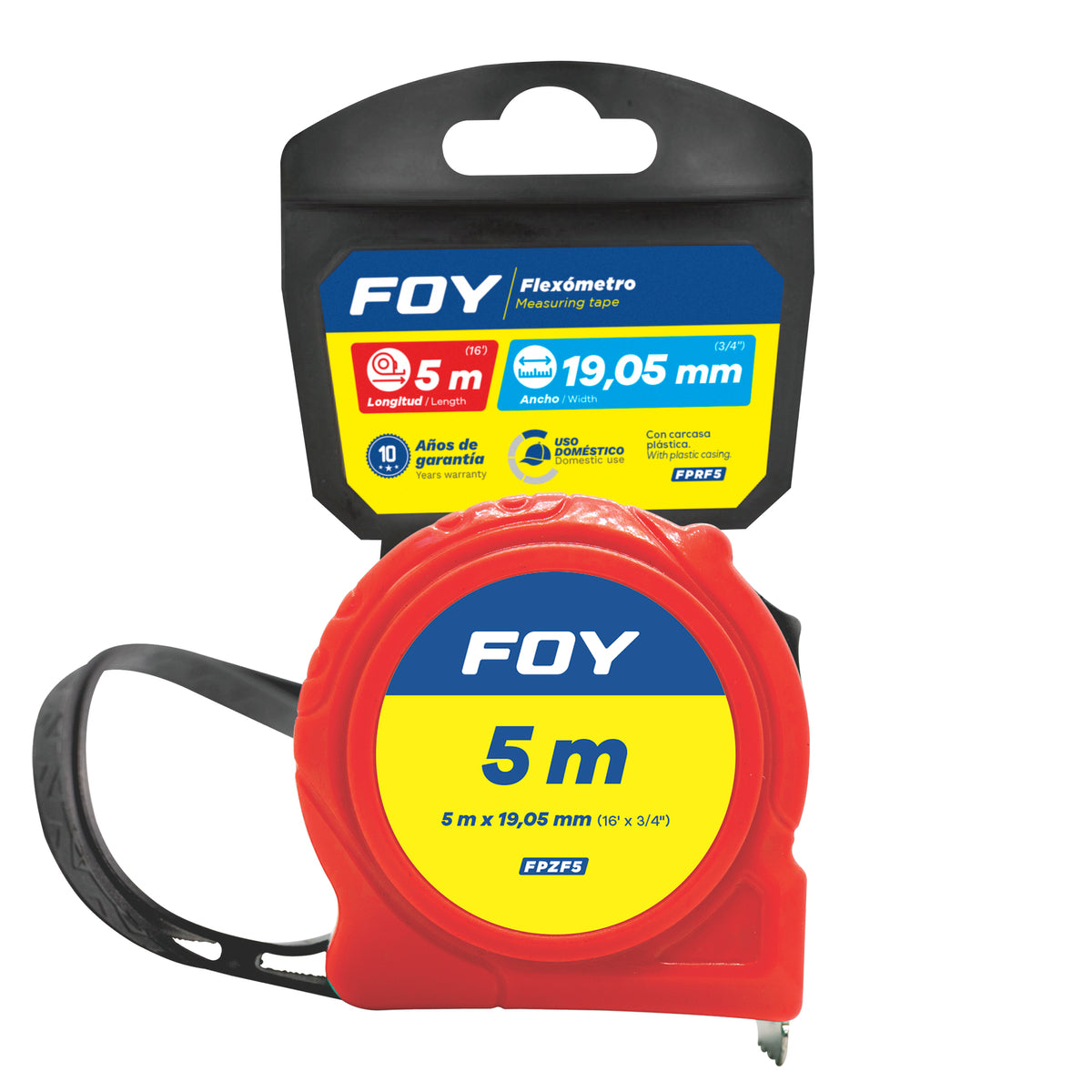 Foy - Flexómetro con carcasa de plástico rojo, 5 m x 19 mm