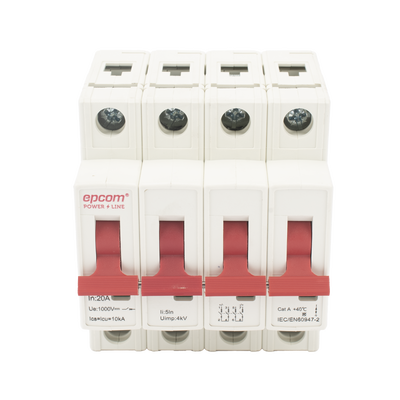 EPCOM POWERLINE - Protección Térmica 4P, 20A,  Corriente Directa  1000 Vcc para Aplicación Fotovoltaica Montaje Riel DIN