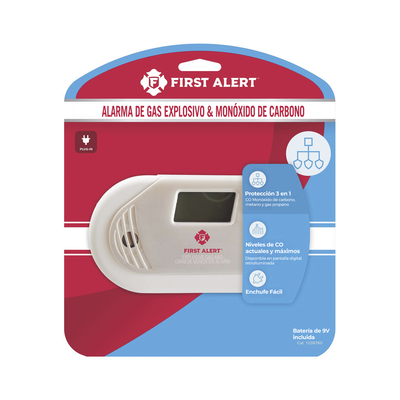 FIRST ALERT - Detector Combo de Combinación de Gases Explosivos: Metano (GN), Propano (LP) y Monóxido de Carbono (CO), Con Pantalla Digital Retroiluminada, 120 Vca y Batería de Respaldo