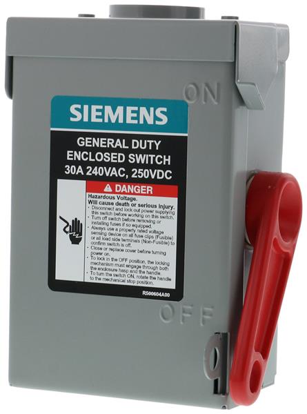 SIEMENS -  Interruptor de seguridad cerrado de doble ruptura. Interruptor de serie A, 2 polos, 2 hilos sin fusible, uso general. Nema 3R