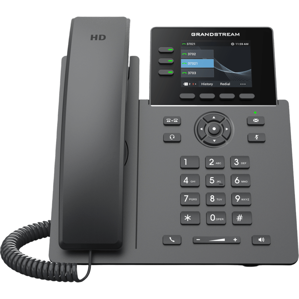 GRANDSTREAM - Teléfono IP Grado Operador / 3 Líneas / 12 Botones Virtuales Multiuso / Pantalla LCD 2.8 Pulgadas / Puertos Gigabit con PoE / Audio HD / Compatible con GDMS