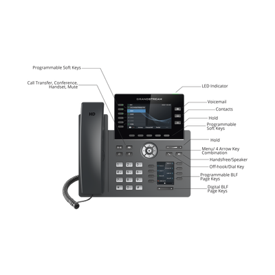 GRANDSTREAM - Teléfono IP Wi-Fi, Grado Operador, 6 líneas SIP con 6 cuentas, pantalla a color 4.3", puertos Gigabit, Bluetooth, PoE, codec Opus, IPV4/IPV6 con gestión en la nube GDMS