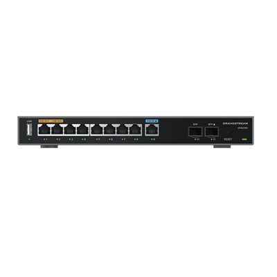 GRANDSTREAM - Router Gigabit VPN / Balanceador de cargas / 60,000 sesiones NAT /  9 puertos 10/100/1000 Mbps + 2 puertos SFP (WAN/LAN) / 1 puerto entrada PoE(af/at) / 2 puertos salida PoE (af/at) / Compatible con GWN Cloud.
