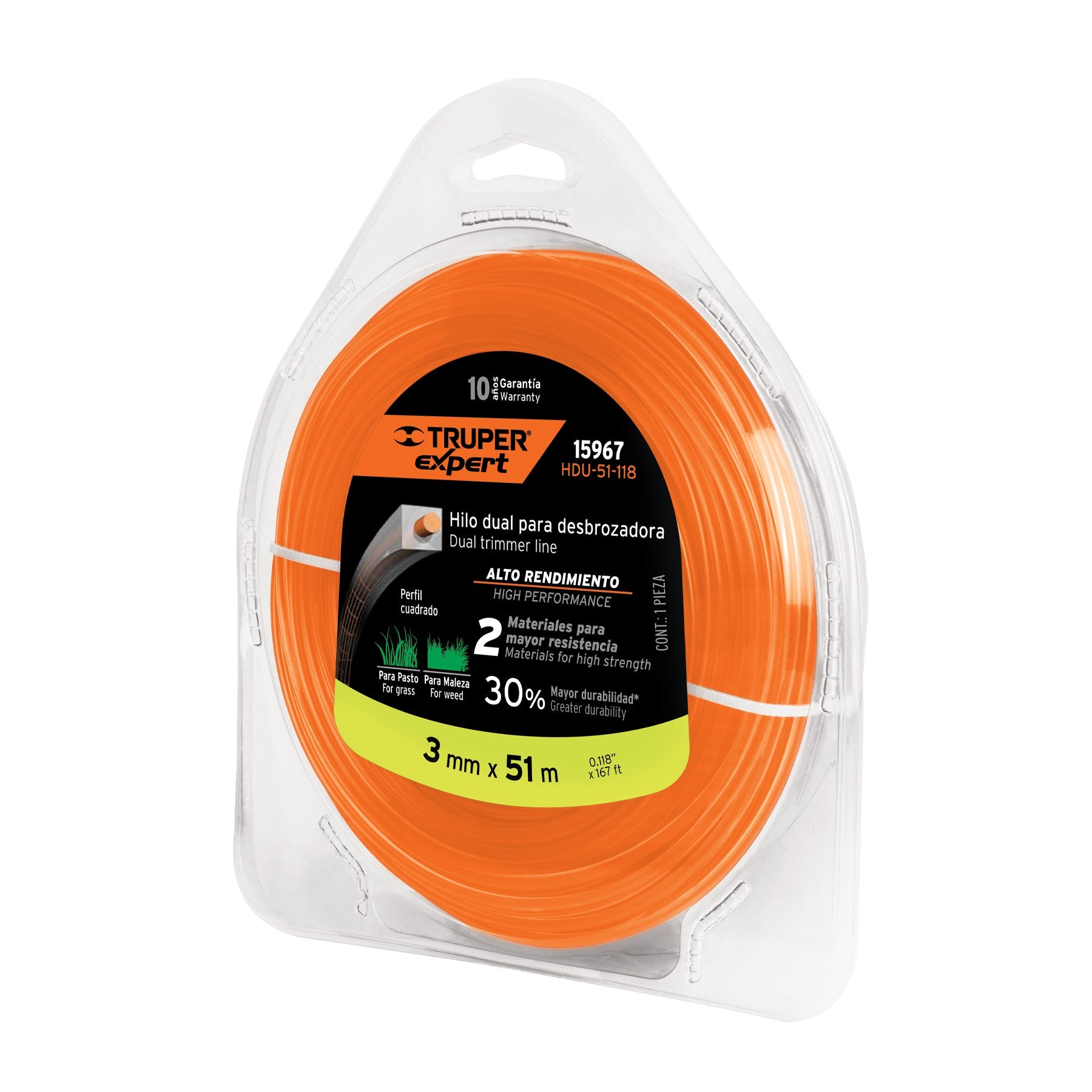 Hilo cuadrado dual p/desbrozadora, 3mm x 51m,blister EXPERT