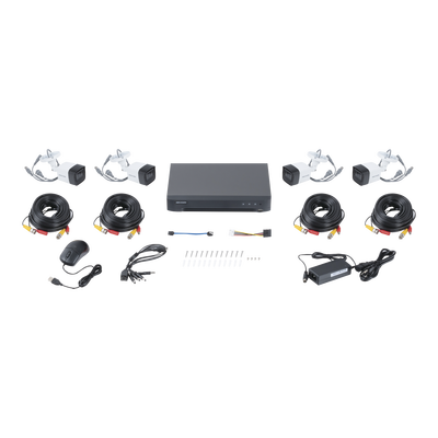 HIKVISION - (MICRÓFONO INTEGRADO) KIT TURBOHD 5 Megapixel / DVR 4 Canales / 4 Cámaras Bala con Micrófono Integrado (exterior 2.8 mm) / Fuente de Poder / Accesorios de Instalación