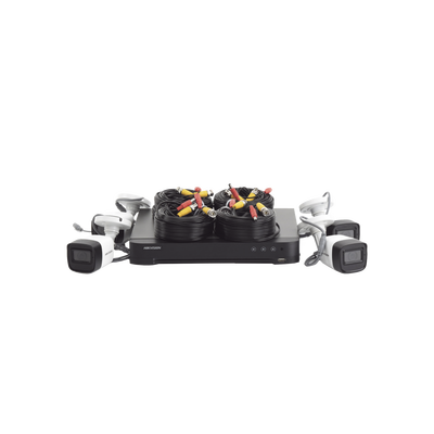 HIKVISION - (MICRÓFONO INTEGRADO) KIT TURBOHD 5 Megapixel / DVR 4 Canales / 4 Cámaras Bala con Micrófono Integrado (exterior 2.8 mm) / Fuente de Poder / Accesorios de Instalación