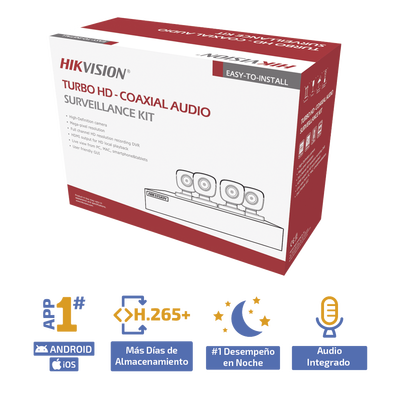 HIKVISION - (MICRÓFONO INTEGRADO) KIT TURBOHD 5 Megapixel / DVR 4 Canales / 4 Cámaras Bala con Micrófono Integrado (exterior 2.8 mm) / Fuente de Poder / Accesorios de Instalación