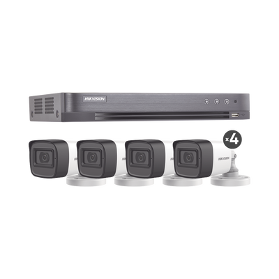 HIKVISION - (MICRÓFONO INTEGRADO) KIT TURBOHD 5 Megapixel / DVR 4 Canales / 4 Cámaras Bala con Micrófono Integrado (exterior 2.8 mm) / Fuente de Poder / Accesorios de Instalación