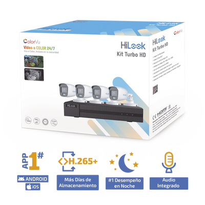 HILOOK BY HIKVISION - Kit TurboHD 1080p / DVR 4 Canales / 4 Cámaras Bala ColorVu con Micrófono Integrado / Fuente de Poder / Accesorios de Instalación