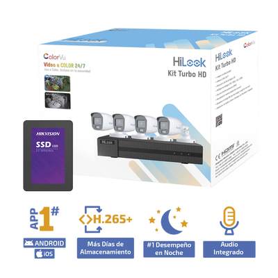 HILOOK BY HIKVISION - Kit TurboHD 1080p + SSD 1 TB / DVR 4 Canales / 4 Cámaras Bala ColorVu con Micrófono Integrado / Fuente de Poder / Accesorios de Instalación