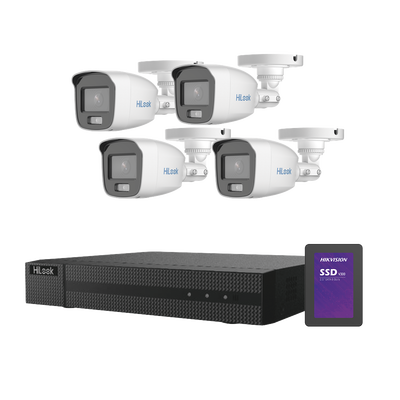 HILOOK BY HIKVISION - Kit TurboHD 1080p + SSD 500 GB / DVR 4 Canales / 4 Cámaras Bala ColorVu con Micrófono Integrado / Fuente de Poder / Accesorios de Instalación