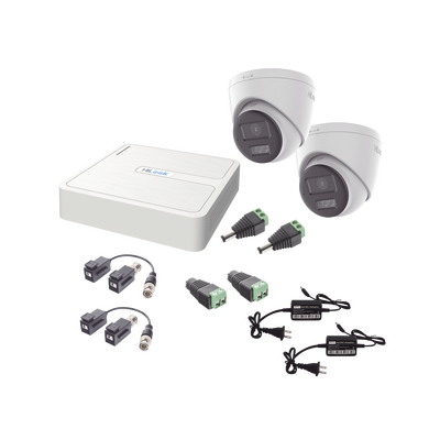 HILOOK BY HIKVISION - Kit HiLook Audio Bidireccional TurboHD 1080p / DVR 4 Canales / 2 Cámaras Turret (Exterior) con Bocina y Microfóno Integrado / 2 Fuentes de Poder / Accesorios