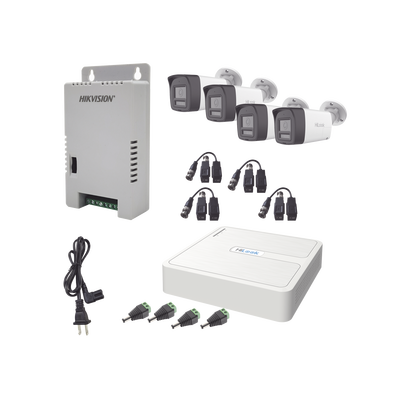 HILOOK BY HIKVISION - Kit HiLook Audio Bidireccional TurboHD 1080p / DVR 4 Canales / 4 Cámaras Bala (Exterior) con Bocina y Micrófono Integrado / 1 Fuente de Poder / Accesorios