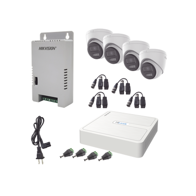 HILOOK BY HIKVISION - Kit HiLook Audio Bidireccional TurboHD 1080p / DVR 4 Canales / 4 Cámaras Eyeball (Exterior) con Bocina y Microfóno Integrado / 1 Fuente de Poder / Accesorios