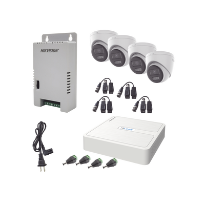 HILOOK BY HIKVISION - Kit HiLook Audio Bidireccional TurboHD 1080p / DVR 4 Canales / 4 Cámaras Eyeball (Exterior) con Bocina y Microfóno Integrado / 1 Fuente de Poder / Accesorios