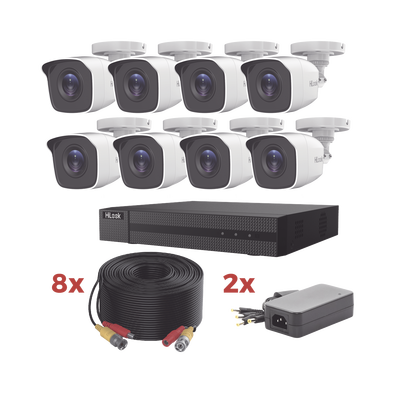 HILOOK BY HIKVISION - Kit TurboHD / DVR 8 Canales 1080p Lite / 8 Cámaras bala 1080p metalicas / 8 cables de 20 metros / 2 fuentes de 4 canales