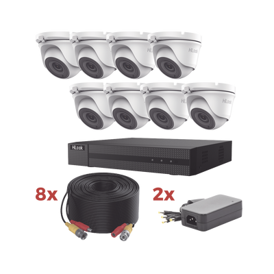 HILOOK BY HIKVISION - Kit TurboHD / DVR 8 Canales 1080p Lite / 8 Cámaras turret 1080p metalicas / 8 cables de 20 metros / 2 fuentes de 4 canales