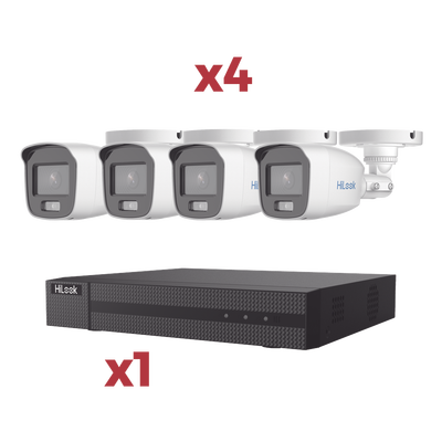 HILOOK BY HIKVISION - [Kit] DVR 4 Canales TurboHD + 1 Canal IP / 2 Megapixel (1080pLite) / AcuSense Lite / Audio por coaxitron / 1 Bahia de disco duro / 4 Cámaras 2 Megapixel tipo Bala / ColorVu Lite + Microfono Integrado