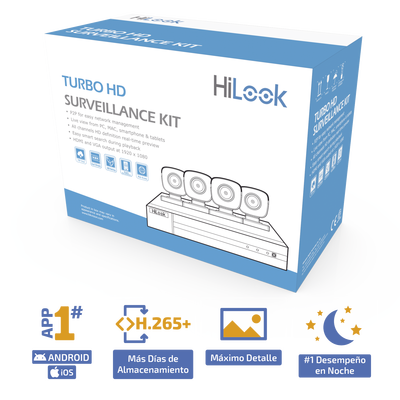 HILOOK BY HIKVISION - KIT TurboHD 1080p / DVR 4 canales / 4 Cámaras Bala de Metal / Fuente de Poder / Accesorios de Instalación