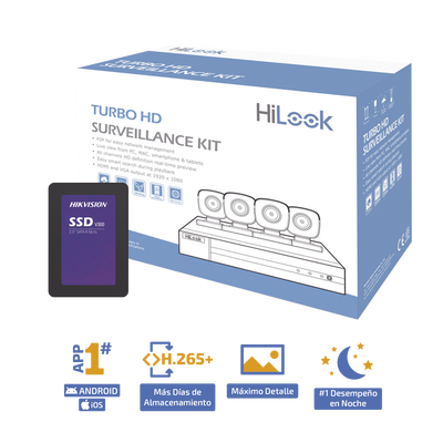 HILOOK BY HIKVISION - KIT TurboHD 1080p + SSD de 1 TB (1024 GB) / DVR 4 canales / 4 Cámaras Bala de Metal / Fuente de Poder / Accesorios de Instalación