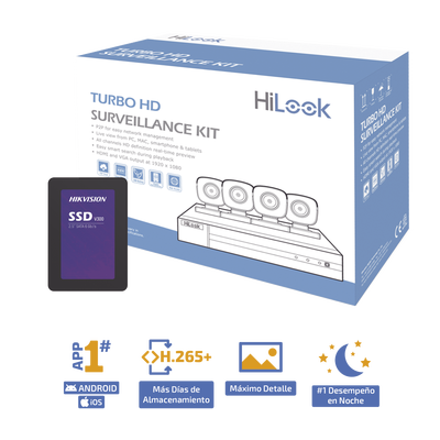 HILOOK BY HIKVISION - KIT TurboHD 1080p + SSD de 500 GB / DVR 4 canales / 4 Cámaras Bala de Metal / Fuente de Poder / Accesorios de Instalación