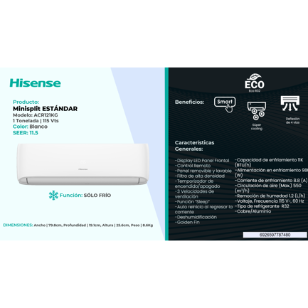 HISENSE - Minisplit Hisense ACR121KG Estándar 11000 BTU Solo Frío 110V R32