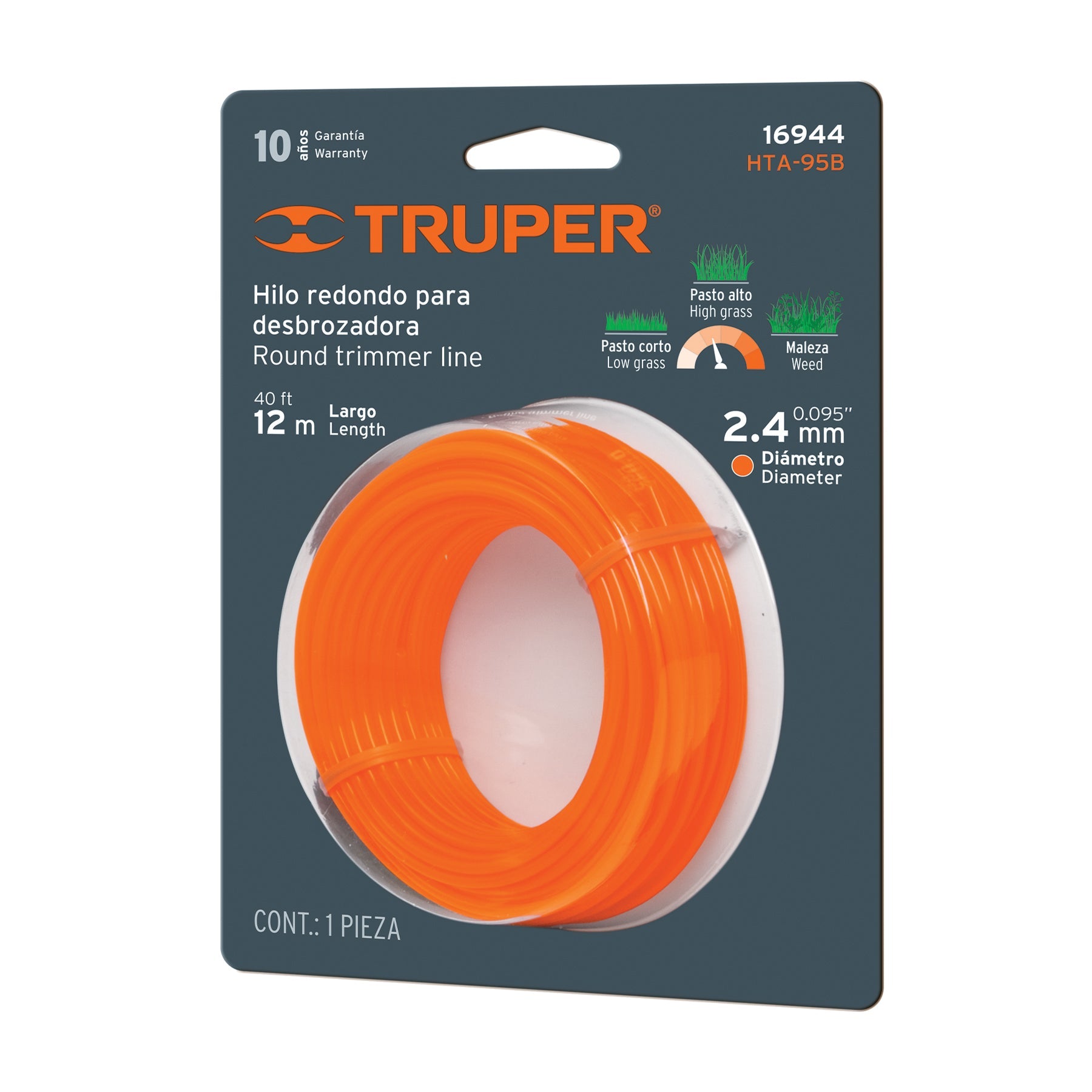 Hilo redondo, para desbrozadora, 2.4mm x 12m, tarjeta,TRUPER