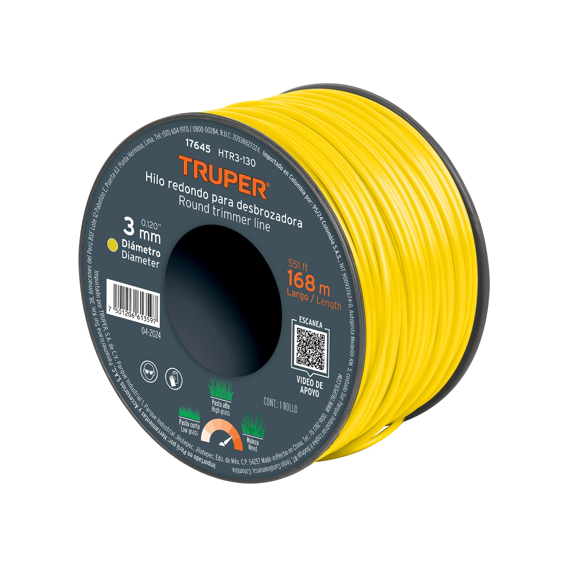 Hilo redondo, para desbrozadora, 3mm x 168m, carrete,TRUPER